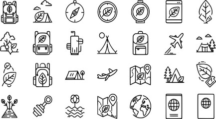 Collection of vector illustration set featuring outdoor adventure, compass, map, airplane, backpack, tent, and nature symbols perfect for web design and environmental projects. © Arun