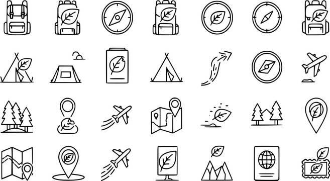 Eco-travel vector illustration icons set adventure, nature exploration, and tourism journey symbols, backpack, compass, tent, airplane, map, trees, mountains, passport, and location pin elements.
