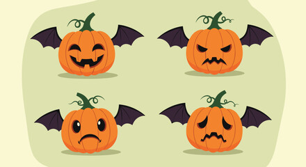 Fototapeta premium Four orange Halloween pumpkins with different carved facial expressions and purple bat wings on a light green background.