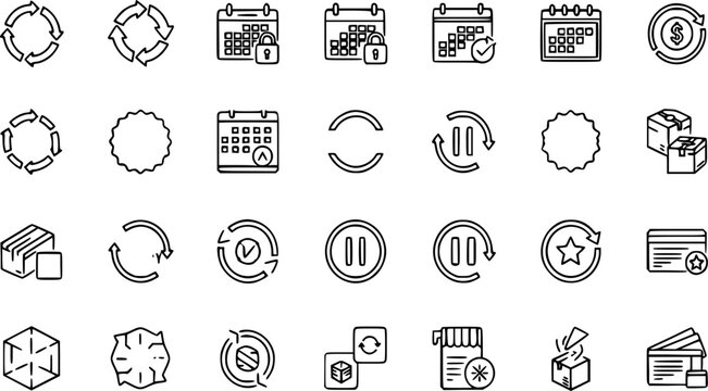 Subscription auto-renew delivery and calendar vector illustration graphic design. Modern thin line payment icons set for mobile app website interface. Recurring billing services, pause and skip option