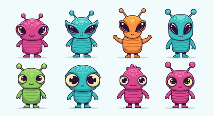 Obraz premium A colorful set of cartoon alien characters in various vibrant hues and playful poses