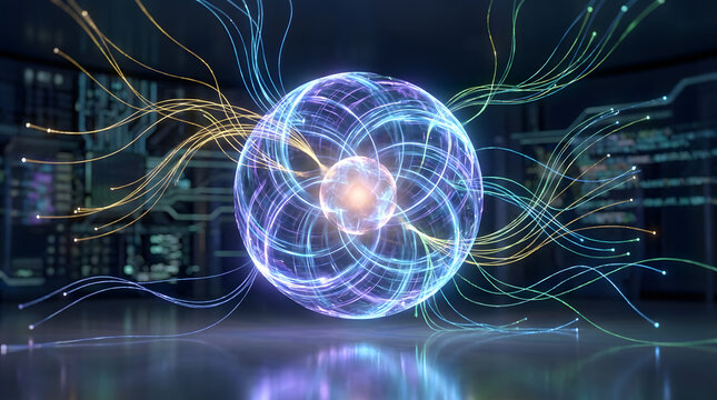 Vibrant, luminous energy sphere with intricate patterns and glowing pathways, representing powerful technological advancement and future energy sources