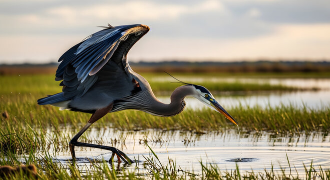 Great Blue Heron wading in shallow water with wings spread bird marsh