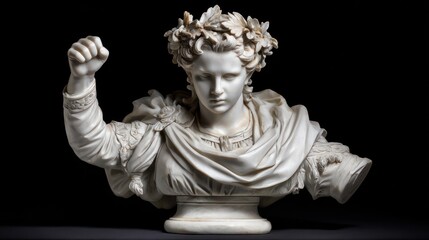 Fototapeta premium Sculpted bust depicting a person with a laurel wreath and raised arm on dark backdrop