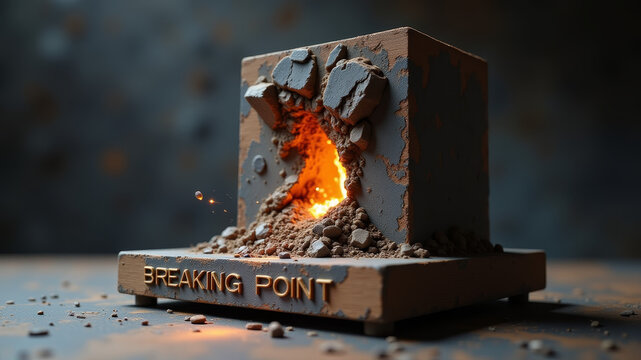 Explosive breaking point scene with shattering structure symbolizing sudden failure critical threshold and irreversible system collapse under pressure