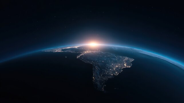 Earth from space with city lights and sunrise dramatic viewpoint