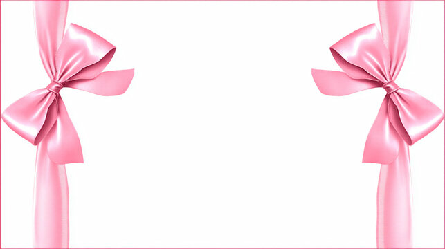The white background with a pink border is decorated with two glossy satin bows and ribbons on the sides, leaving a large empty space in the center.