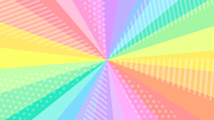Naklejka na ściany i meble カラフルなドットとストライプ模様の入ったパステルレインボー集中線背景。16:9の動画サムネ用