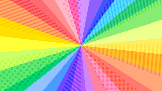 レインボーでカラフルなドットとストライプ模様の入った集中線背景。16:9の動画サムネ用