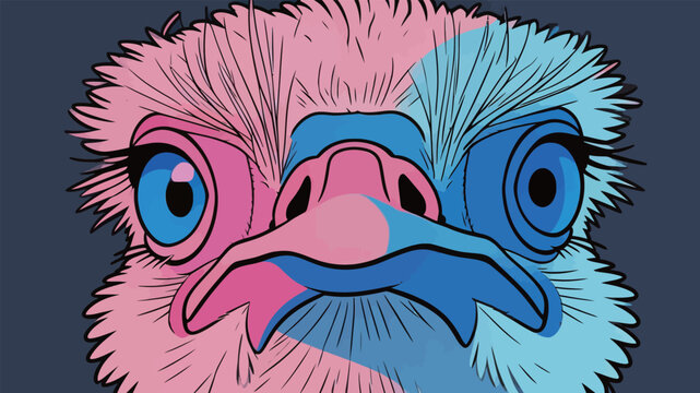 Colorful artwork of an ostrich head with blue and pink tones at a modern art exhibit