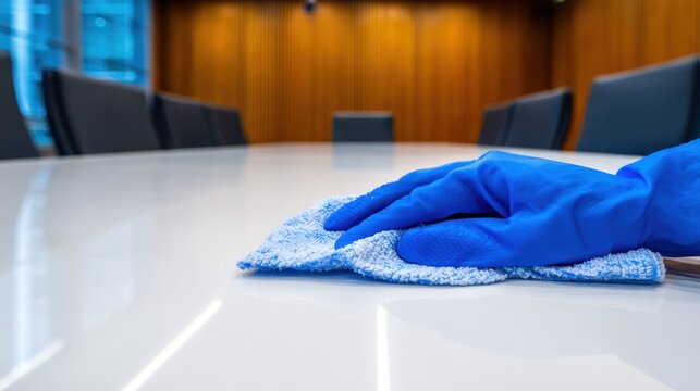 Person cleaning table surface with glove and microfiber cloth in conference room