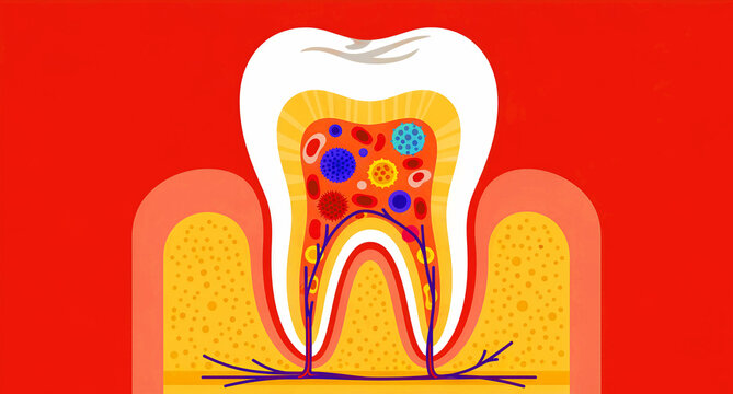 A detailed medical illustration depicting a human tooth's cross-section, revealing its anatomical layers like enamel, dentin, and pulp, prominently showcasing various microbes and bacteria within the
