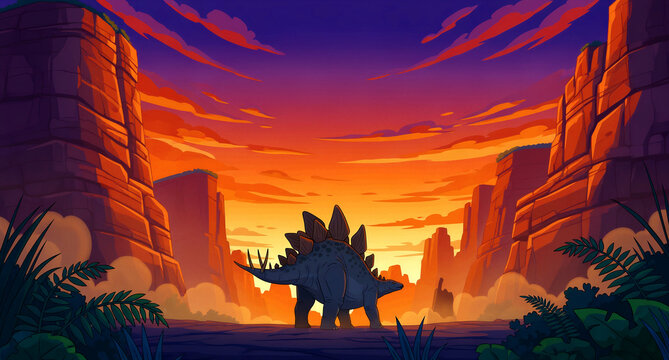 A majestic Stegosaurus, the renowned herbivorous dinosaur, prominently features its signature double row of large, robust bony plates along its spine and formidable thagomizer tail spikes, an