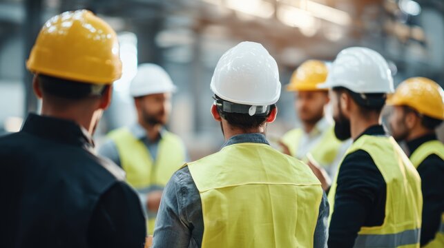 Construction workers meeting in industrial setting