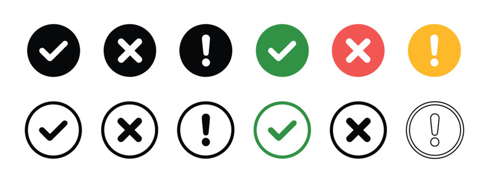 check cross and alert icon pack, success error warning symbols collection, notification and feedback indicators,  interface status elements, simple minimal vector design.