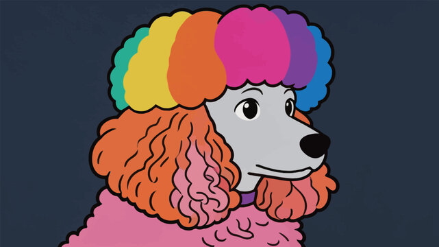Poodle with colorful wig standing against a dark background at a cartoon event