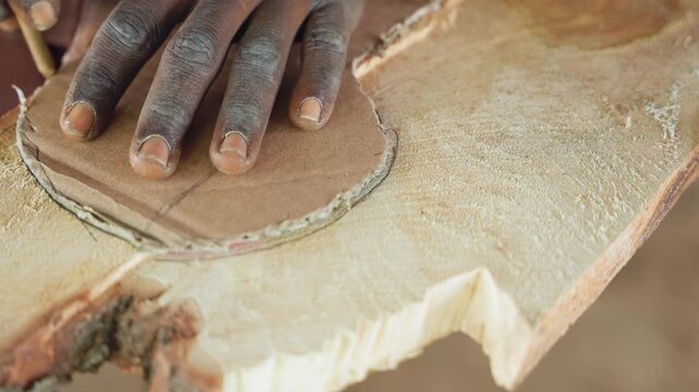 Closeup hands tracing circle on wood, pencil marking template for carving, dusty surface with bark edge, apprentice artisan preparing pattern for hand carving, precise carpentry layout and measured