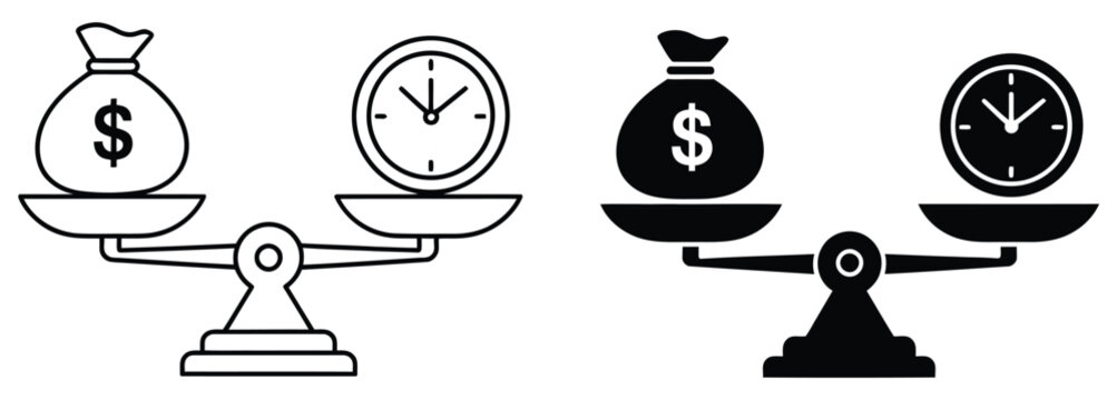 Time and money compare scale icon designed for mobile concepts and web apps, featuring balanced financial symbols, clock elements, and decision-making graphics ideal for business and productivity
