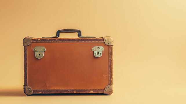 A vintage brown leather suitcase with metal hardware sits on a plain background, evoking a sense of travel and nostalgia.