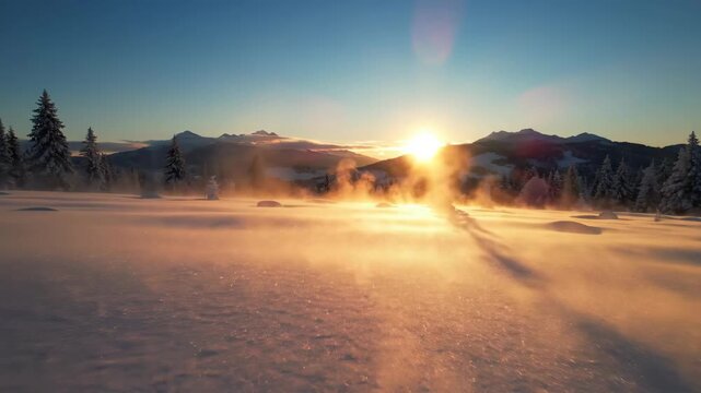 Winter landscape at sunrise with snow-covered trees golden light mountain backdrop and a serene blue sky