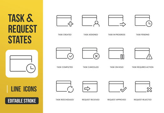 A set of task and request state UI icons for tracking task lifecycle, approvals, and user actions in web and app interfaces, created in line style with editable stroke