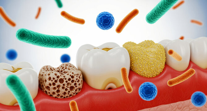 This realistic 3D dental illustration vividly depicts the progression of tooth decay, from healthy enamel to severe caries and extensive plaque accumulation, with diverse oral bacteria actively
