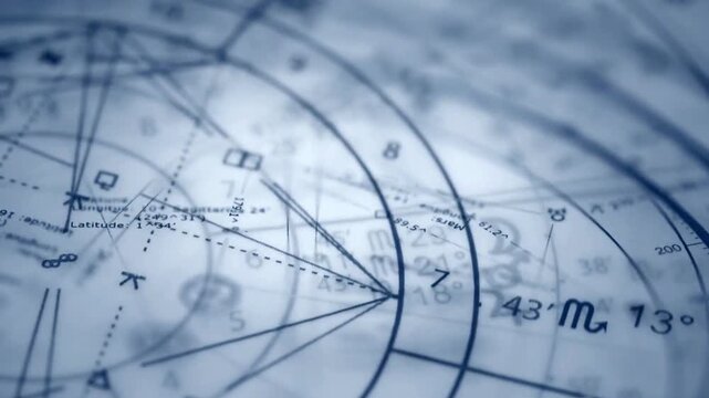 Close-up shot of natal chart astrology wheel, zodiac symbols and lines