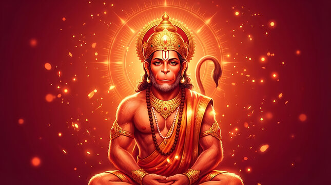 Radiant lord hanuman in meditative pose with orange light for hanuman jayanti and hanuman chalisa background during evening hanuman puja for wealth health and great abundance