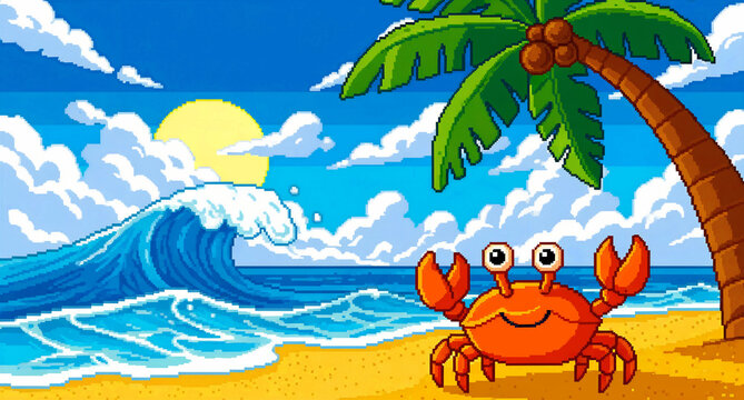A cheerful, bright orange pixel art crab character, featuring an adorable smile and prominent googly eyes, stands playfully, embodying a charming, nostalgic 8-bit video game aesthetic with its retro