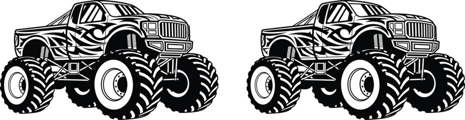 Monster truck silhouettes black white vector illustration, off-road vehicle design, powerful automotive art, flame pattern trucks, motorsport rugged style drawing © Hadiul