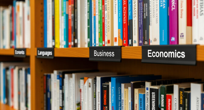 Detailed close-up view of clearly labeled library or bookstore shelving sections displaying books categorized under business and economics subjects.