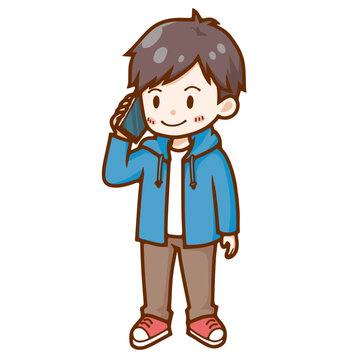 笑顔でスマートフォンで電話をする男性のデフォルメベクターイラスト