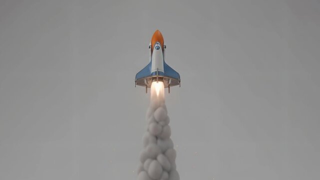 3d Render of a Rocket Launching Upward with Smoke Trail Against Plain Background for Business Startup or Innovation Concept