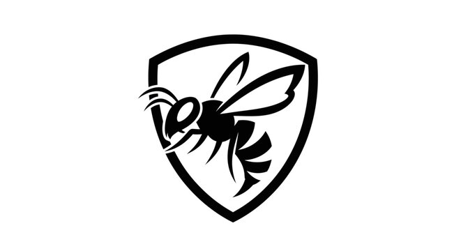 Black and white vector illustration of a bee inside a shield emblem