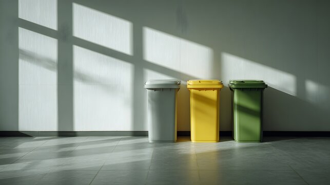 Recycling bins in office with sunlight and window shadows.