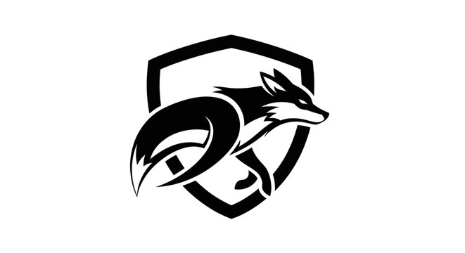 Black and white vector illustration of a running fox logo inside shield