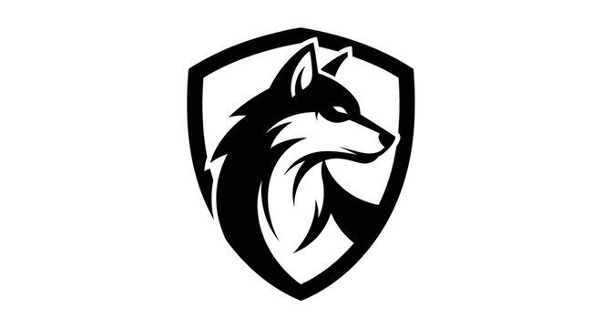 Black and white wolf emblem in a shield design for commercial use