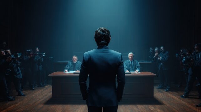 Man in suit facing judges in courtroom with media presence