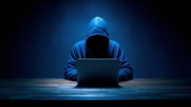 Anonymous person using laptop computer dark silhouette hacker concept