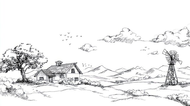 Rural landscape sketch illustration