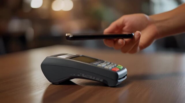 Close up of a customer's hand holding a smartphone over a pos terminal for a contactless payment using nfc technology, representing a quick, easy, and secure digital transaction in a retail store