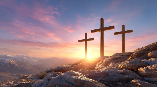Sunrise over three crosses on a rocky mount in jerusalem for easter religious background and banner design with warm golden light and spiritual atmosphere