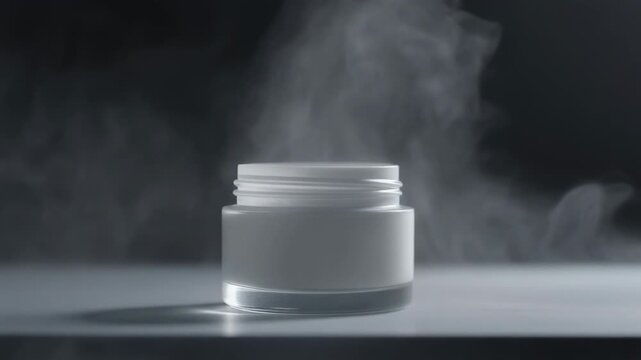 Blank white cosmetic jar resting on a surface with mysterious white smoke emerging from it against a dark, dramatic background, representing a magical or powerful new beauty product concept