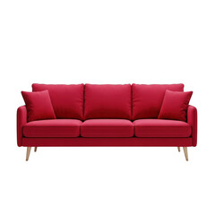 Fototapeta premium A comfortable three seater sofa upholstered in red fabric featuring two matching side cushions isolated on transparent background