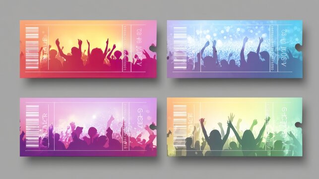 Concert tickets design silhouettes with energetic crowd illustration