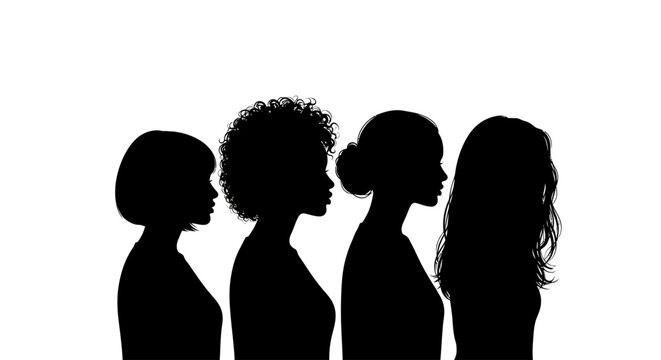 Diverse profiles of four women showcasing various hairstyles and individual beauty, representing unity and community against a stark white background