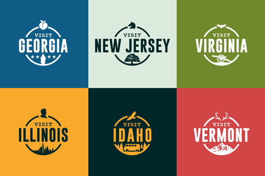 Vintage travel badge set, usa state badge set, traveler pins collection, camping logo pack. Georgia, New Jersey, Virginia, Illinois, Idaho, Vermont