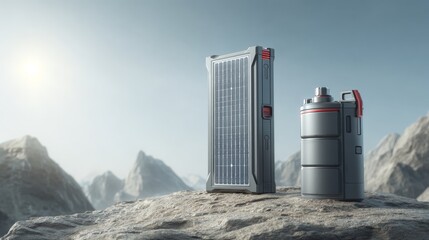 Obraz premium Solar Power Bank and Battery Storage Device on Rocky Terrain