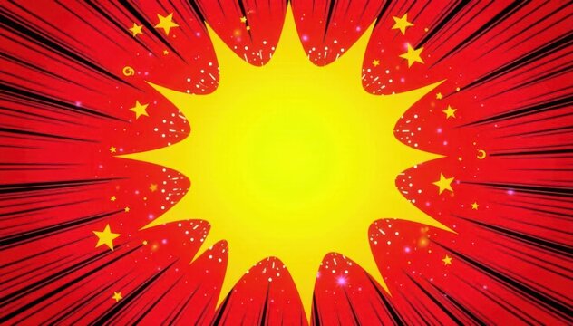 Dynamic red and yellow comic background; radial burst, dotted lines, halftone effect , banner, pop art