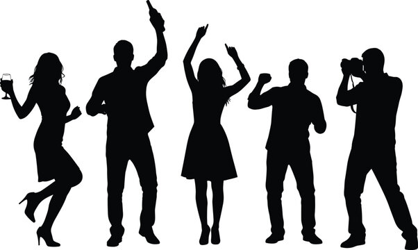 Black silhouettes of happy people partying dancing drinking and taking photos with camera at celebration event isolated on white background for night life design